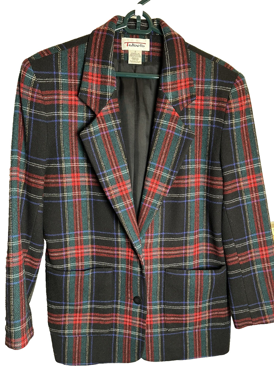 Vintage Talbots Small Red Green Blue Tartan Plaid Wool Blend Blazer Pockets USA